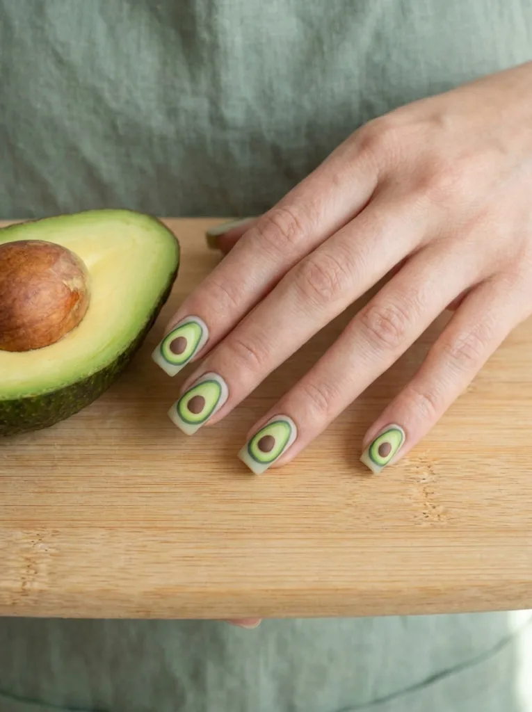 Avocado half fruit nail design on a hand beside a sliced avocado on a cutting boar
