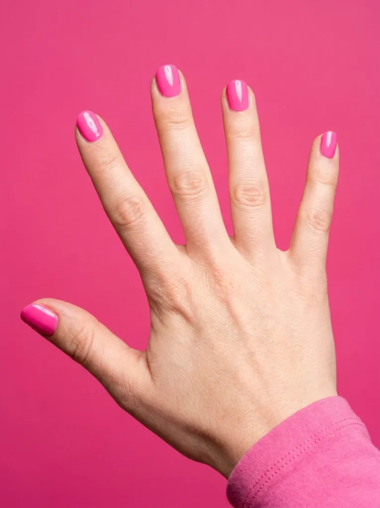 Saturated glossy Barbie pink nail polish on hand splayed toward camera