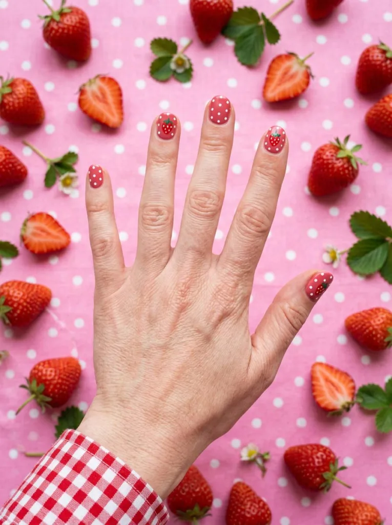 Berry and polka dot fruit nail design on a hand on a pink polka dot tablecloth