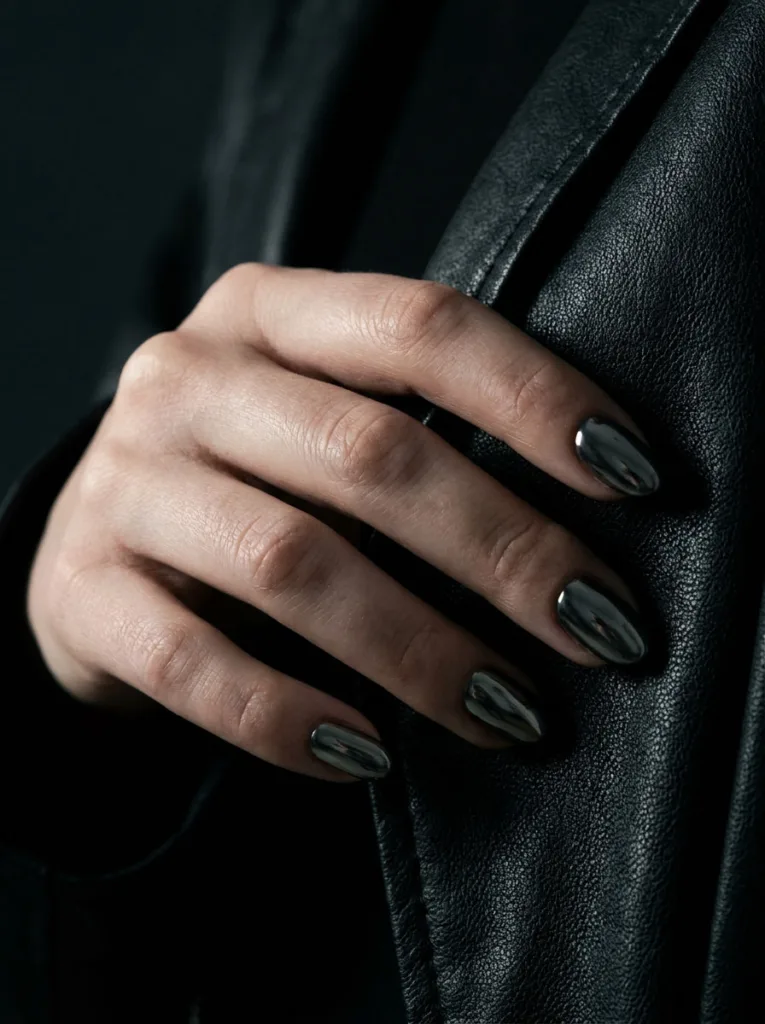 Fair-skinned hand with moody black chrome nails resting on a black leather jacket lapel