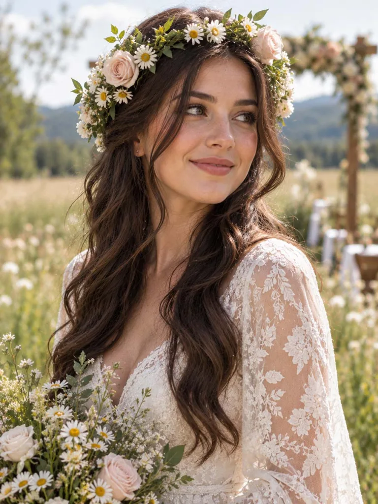 Boho flower crown half up hairstyle for brunette wedding hair