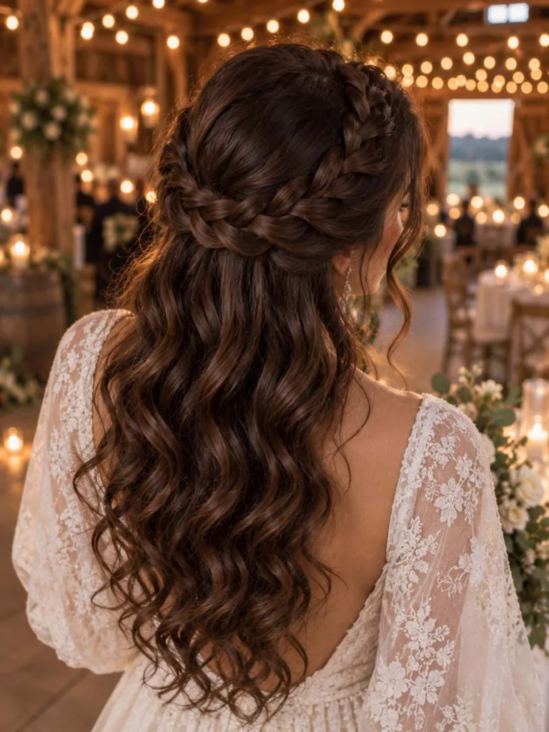 Braided crown half up hairstyle with loose waves for brunette wedding hair