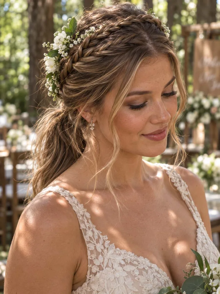 Bridesmaid with a braided halo ponytail and flower crown in a wooded wedding setting