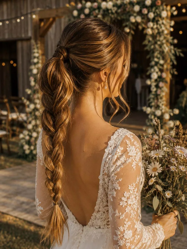 Braided wedding ponytail with loose face-framing pieces at an outdoor rustic wedding