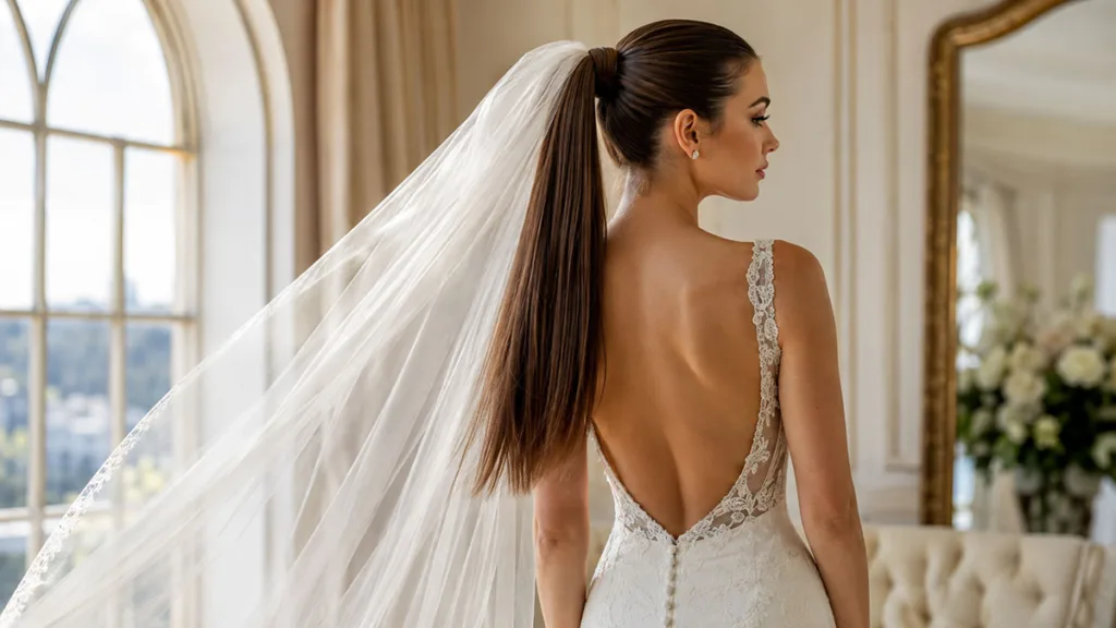 Bride with a sleek high ponytail wedding hairstyle and cathedral veil, photographed from behind