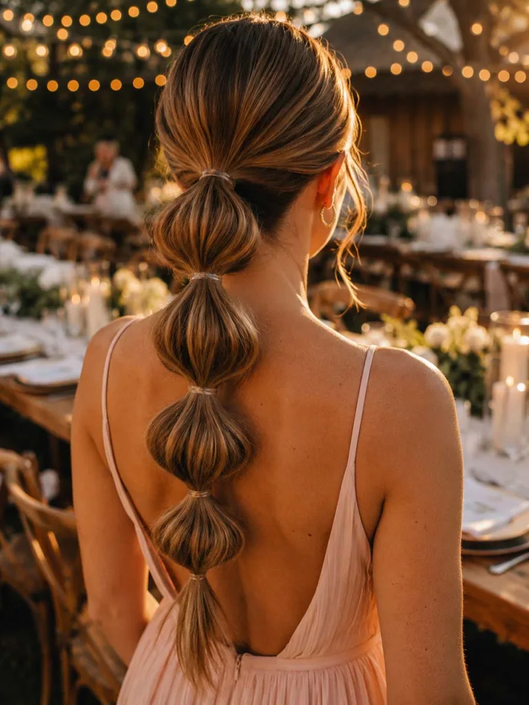 Bubble ponytail wedding hairstyle with rounded sections, outdoor reception setting