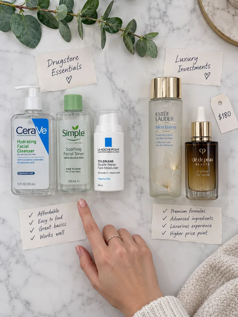 Flat lay comparing budget and splurge night skin care routine products