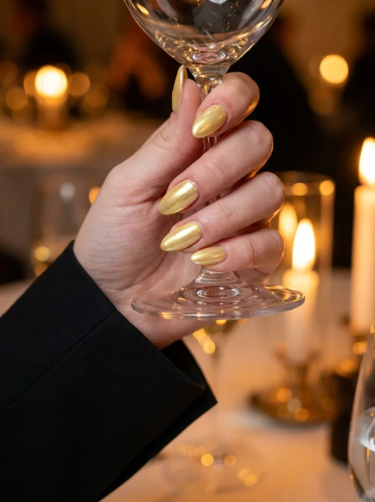 Fair-skinned hand with pearlescent butter yellow chrome nails holding a wine glass at dinner
