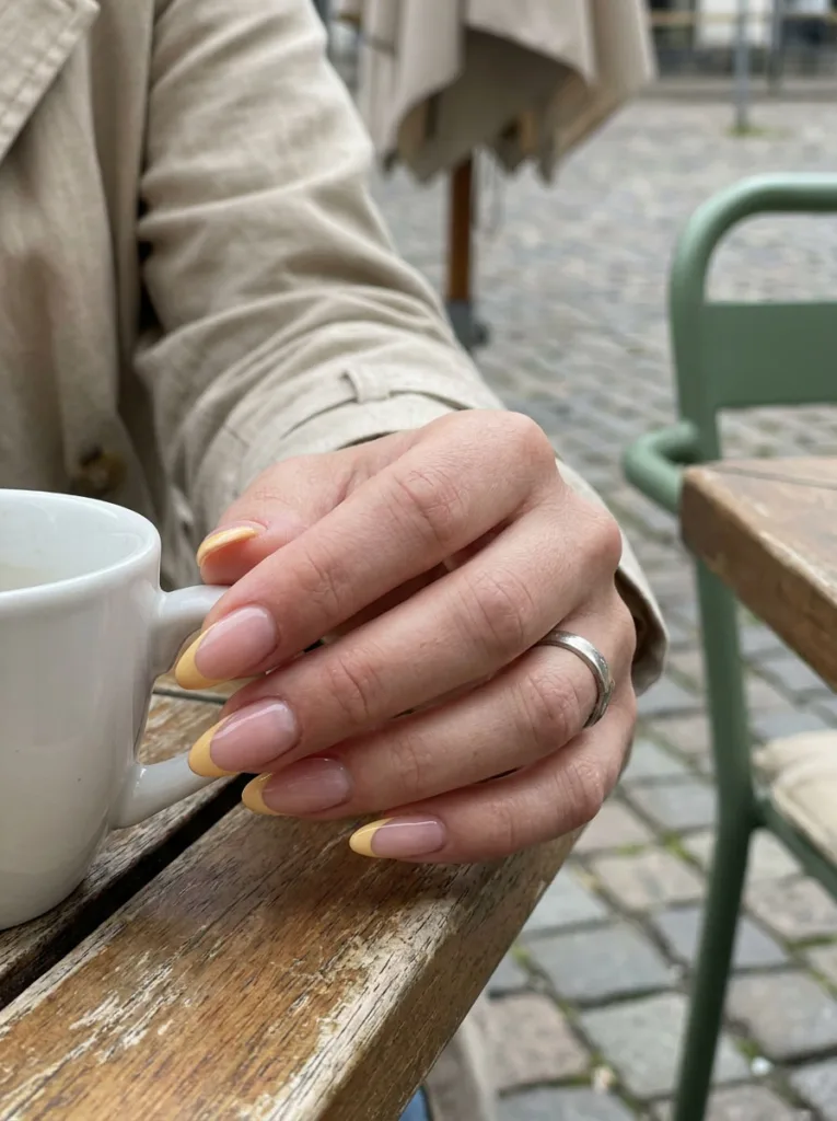 Fair-skinned hand with butter yellow French tip nails resting on a café coffee cup