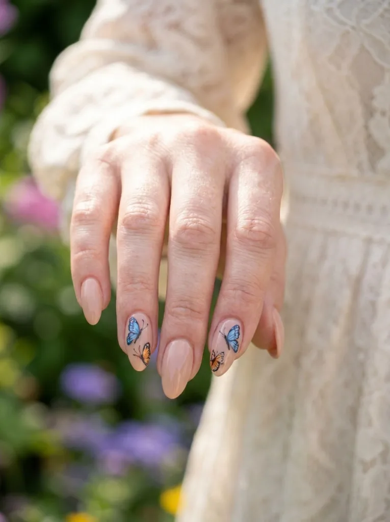 Butterfly accent wedding nail design in an outdoor garden party setting