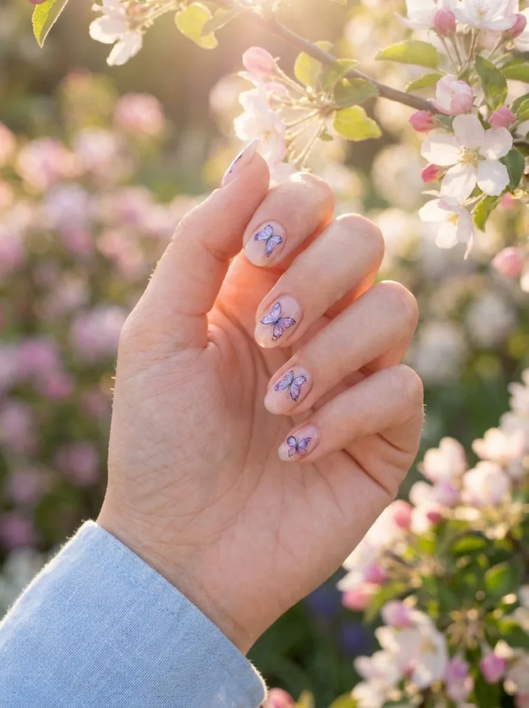 Butterfly nail art easter nails on hand reaching toward garden flowers