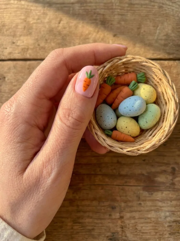 Carrot nail art easter nails on hand near basket of eggs and carrots