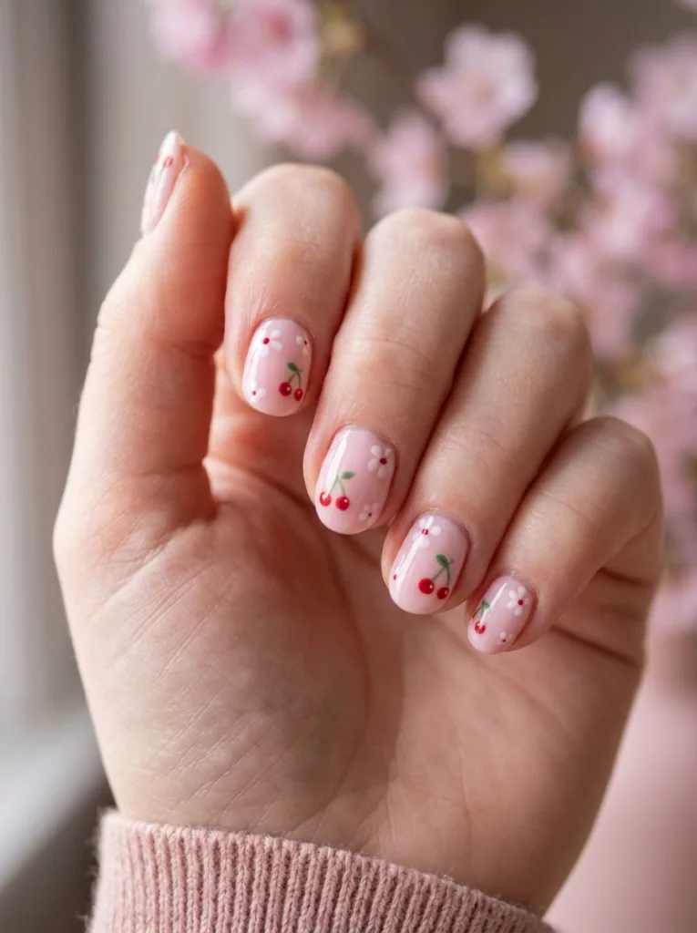 Cherry blossom and cherry fruit nail design on a hand near a blossom branch