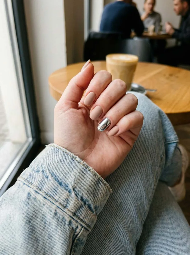 Fair-skinned hand with one silver chrome accent nail on the ring finger resting on a denim knee at a cafe