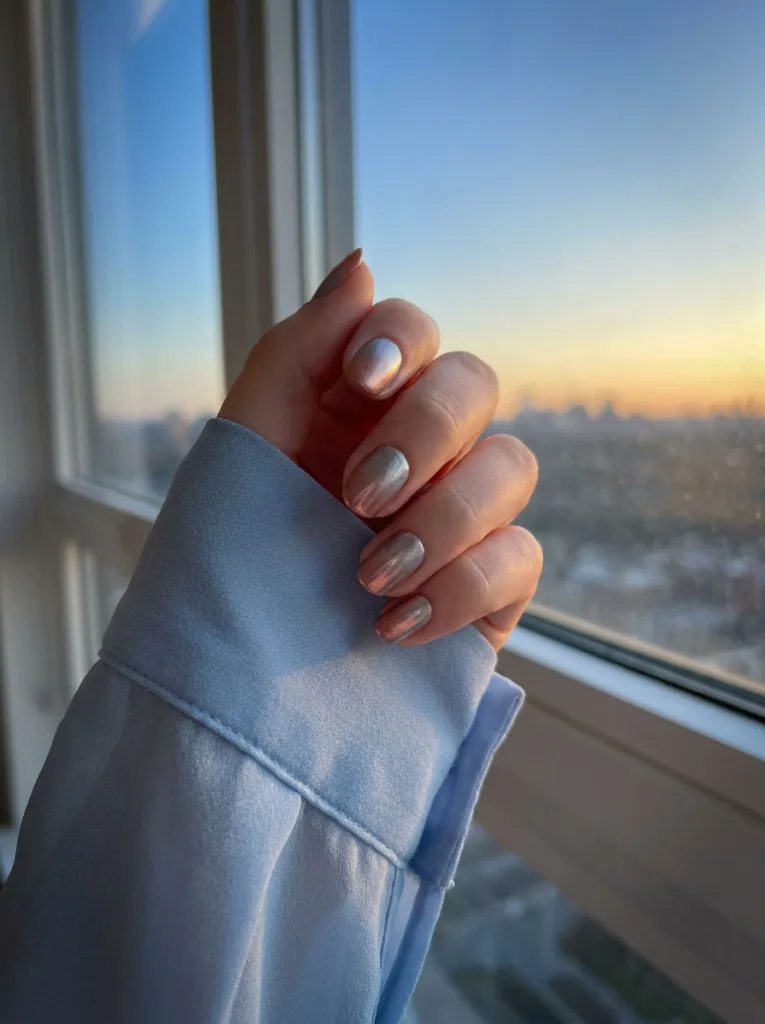 Fair-skinned hand with silver-to-rose-gold chrome ombre nails backlit against a dusk window