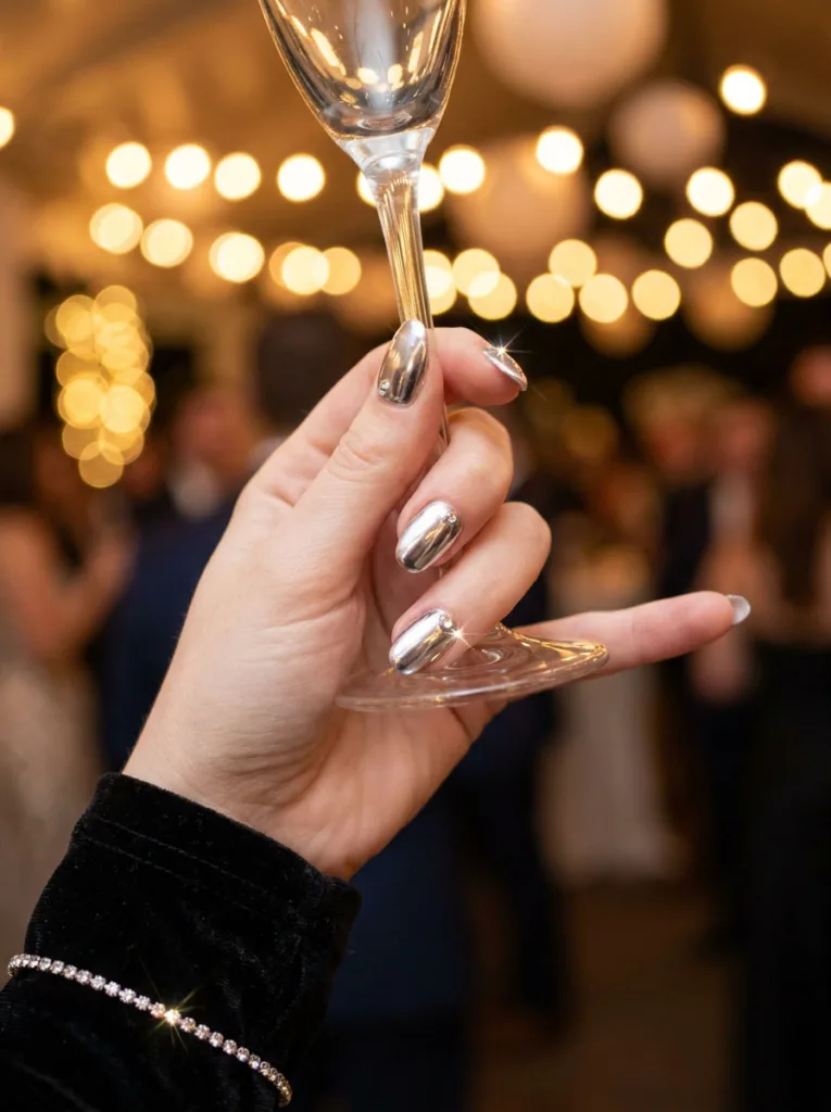 Fair-skinned hand with silver chrome nails and a single rhinestone accent holding a champagne glass at an evening event