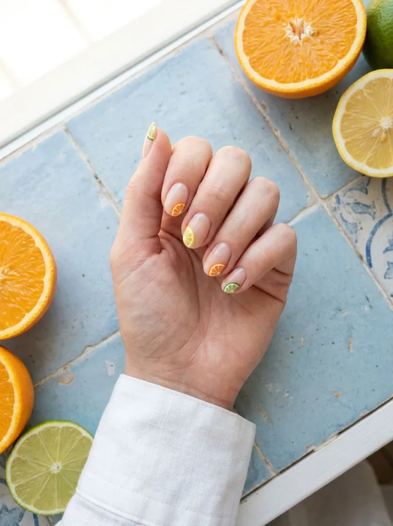 Citrus slice fruit nail design on a hand near fresh orange and lime halves