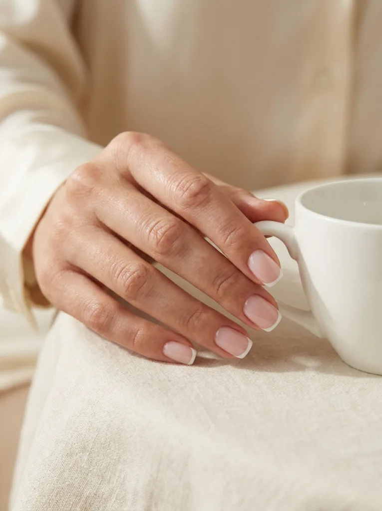 Ballet pink French tip manicure on squoval nails held near a teacup