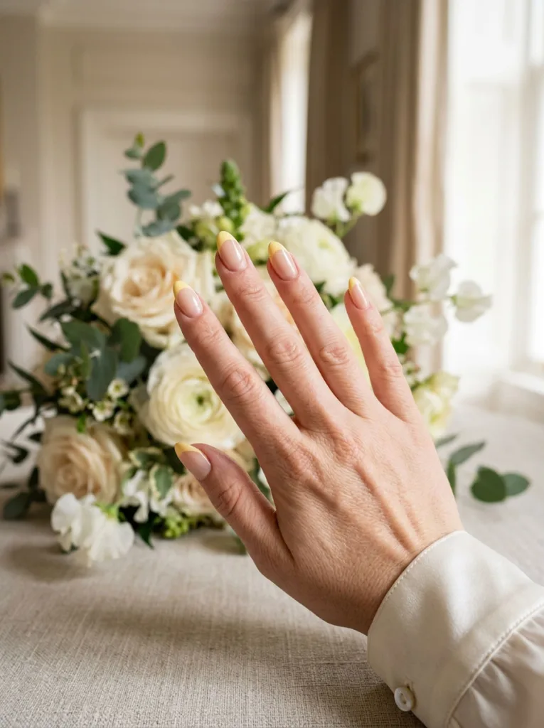 Fair-skinned hand with a classic yellow French manicure resting near a wedding bouquet