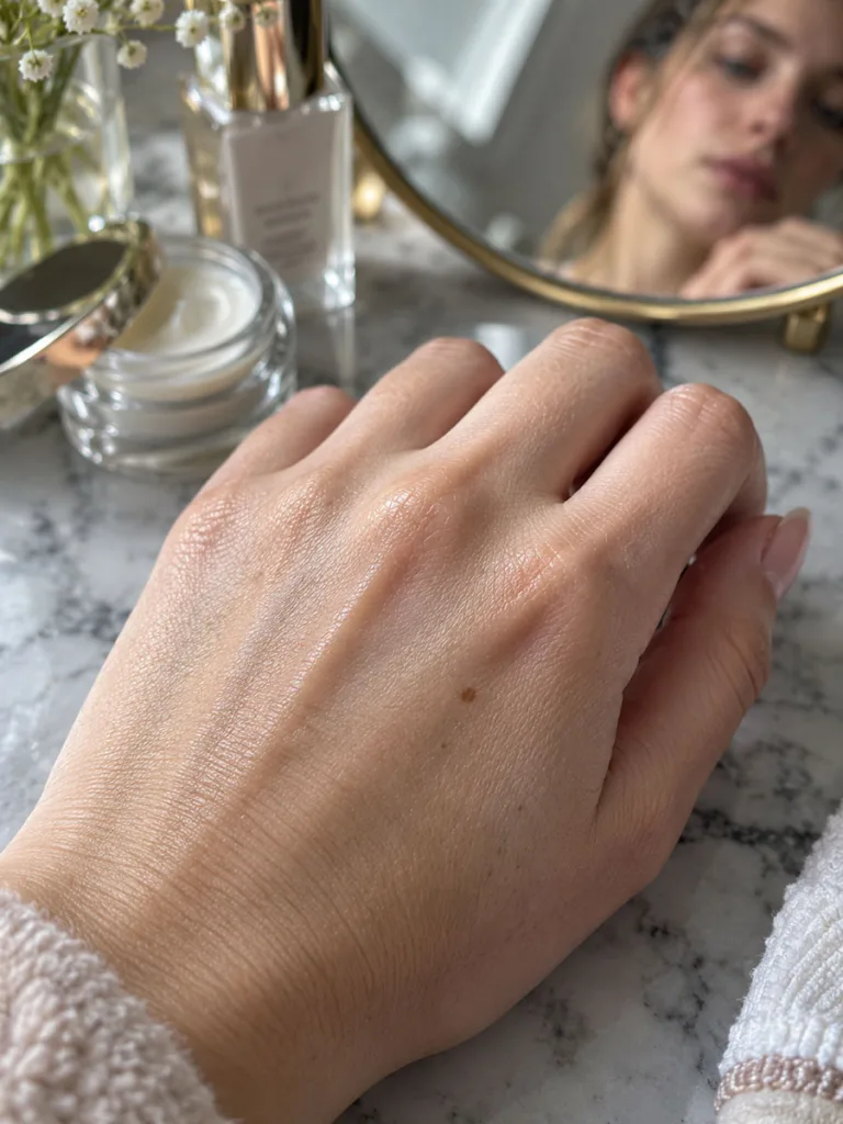 Close-up of fair skin texture on the back of a hand showing early signs of aging hands