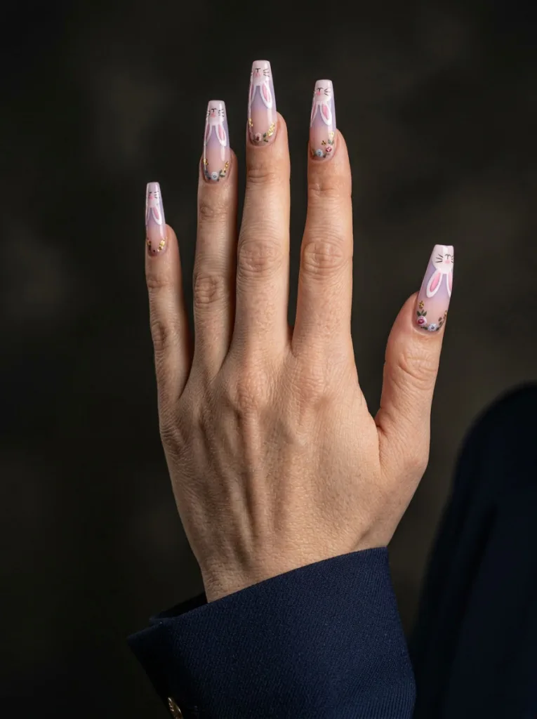 Coffin shaped statement easter nails with bunny and floral design