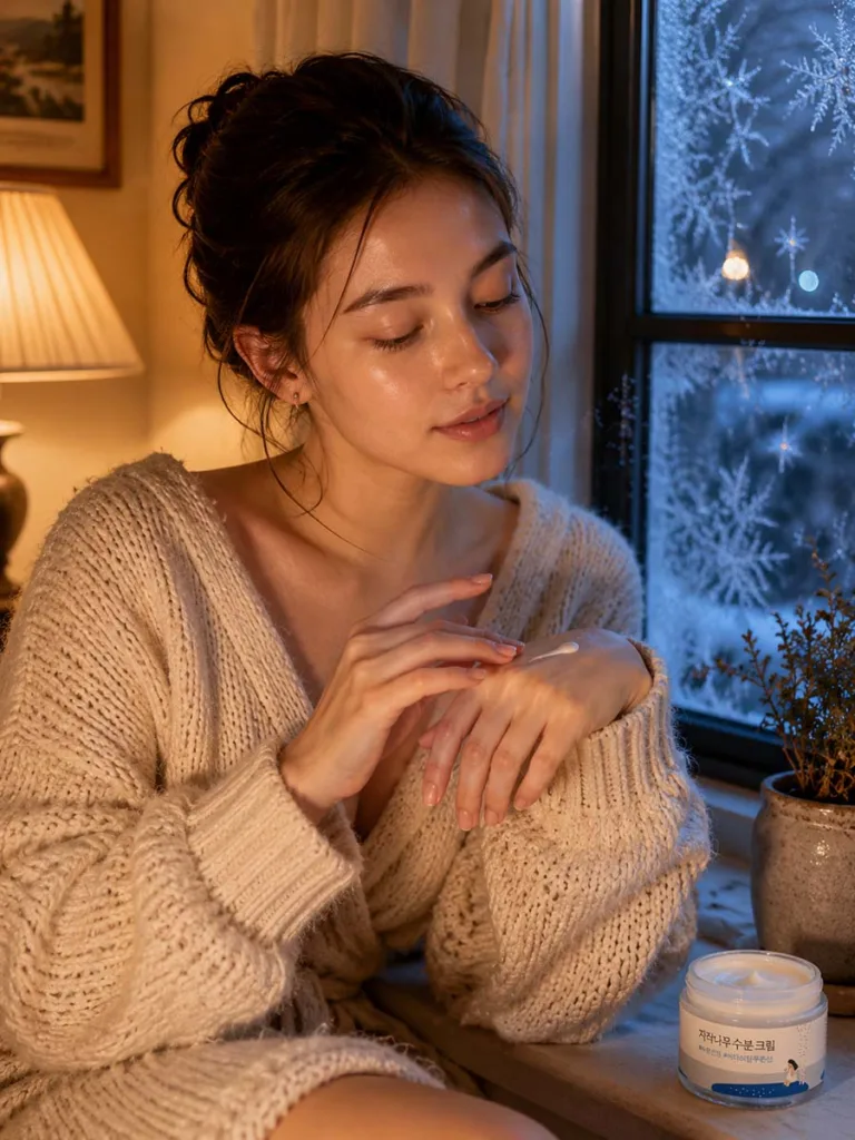 Woman in a cozy knit sweater applying a birch sap Korean essence during a cold winter skincare routine