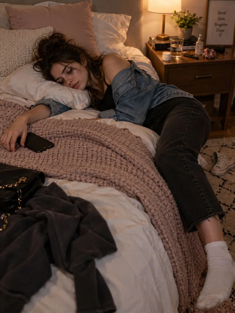 Woman falling asleep with makeup still on, illustrating a common night skin care routine mistake