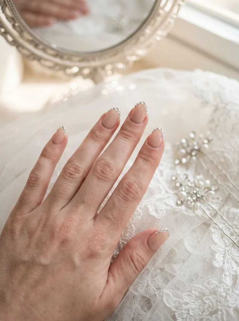 Crystal tip wedding nails near sparkling veil hairpins