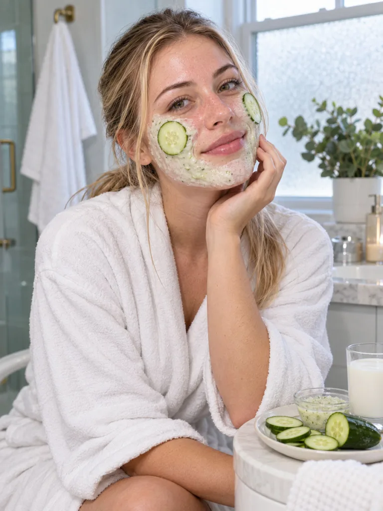 Woman with a cucumber and milk mask applied for combination dry skin