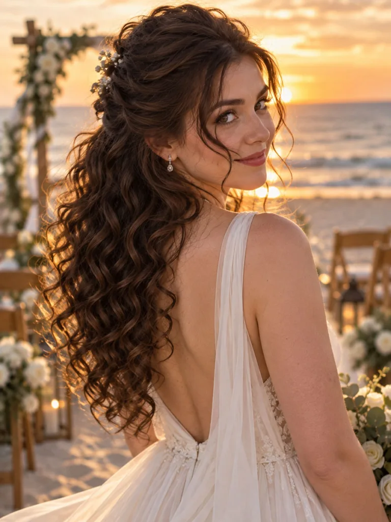 Natural curly half up wedding hairstyle for brunette hair at a beach ceremony