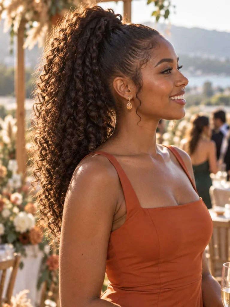 Bridesmaid with a curly high ponytail on a sunlit terrace at a boho wedding