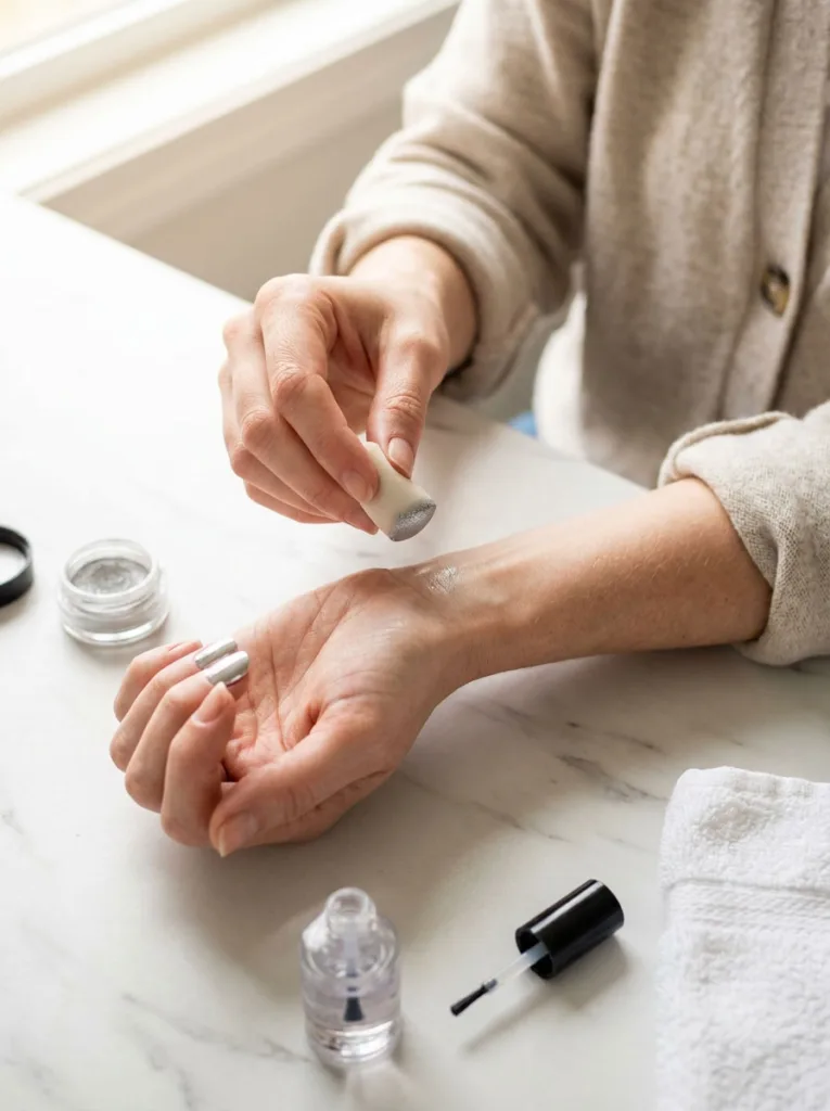 Fair-skinned hand applying chrome nail powder with a sponge applicator at a home vanity during a DIY manicure