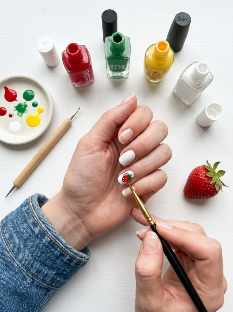 Overhead flat lay of hand painting fruit nail art with brushes and polish bottles