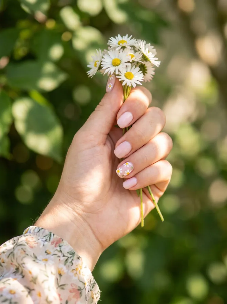 Daisy accent easter nails on hand holding fresh daisies in garden