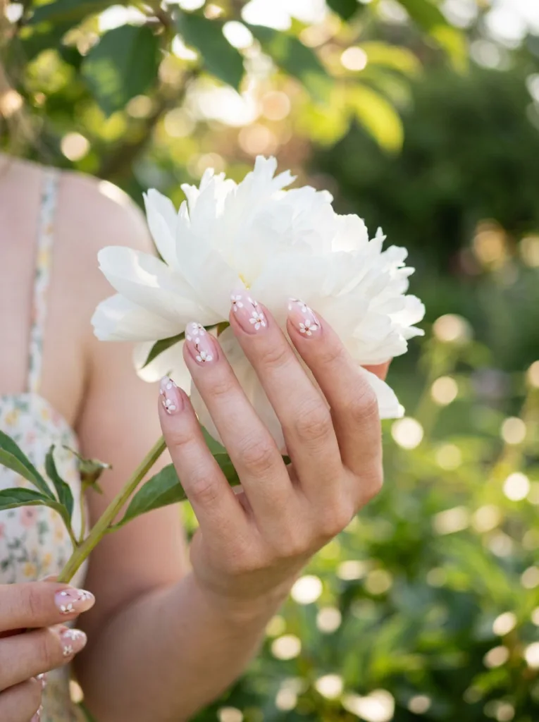 Delicate hand-painted floral wedding nails holding a white peony in a garden