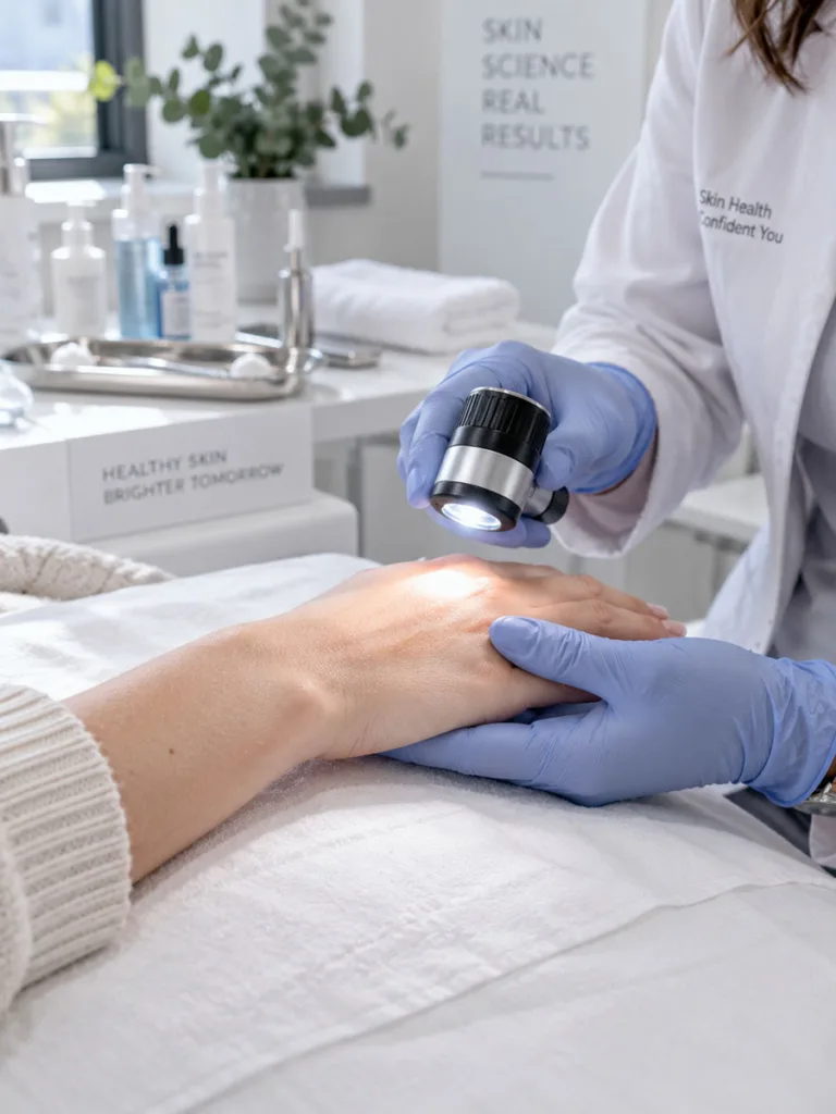 Dermatologist examining a patient's hand during a consultation for professional anti aging treatment