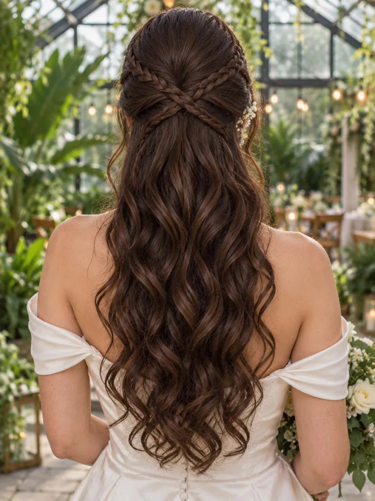 Double braid crossover half up hairstyle for brunette wedding hair