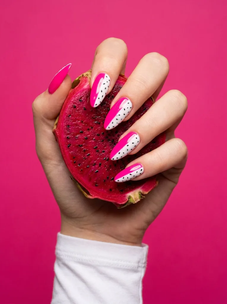 Bold pink dragon fruit fruit nail design on a hand holding a halved dragon fruit