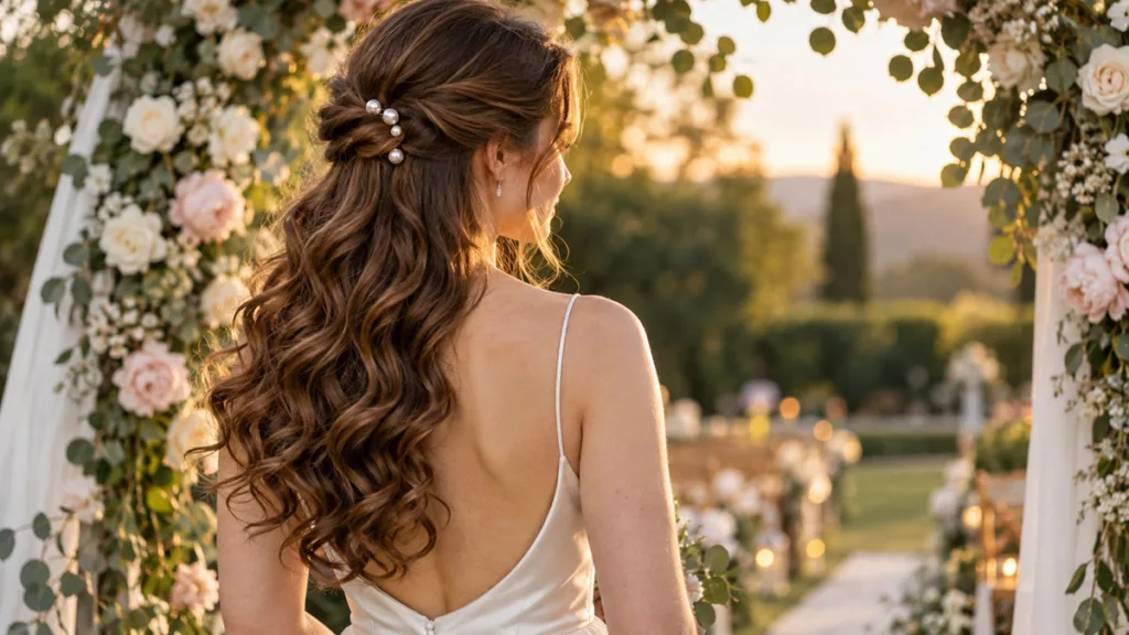Half up half down wedding hair for brunettes with pearl pins and soft cascading curls