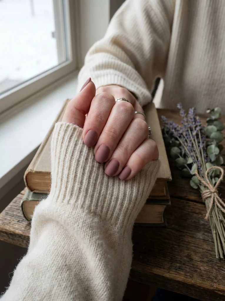 Dusty rose matte nail polish on almond nails resting on a stack of books
