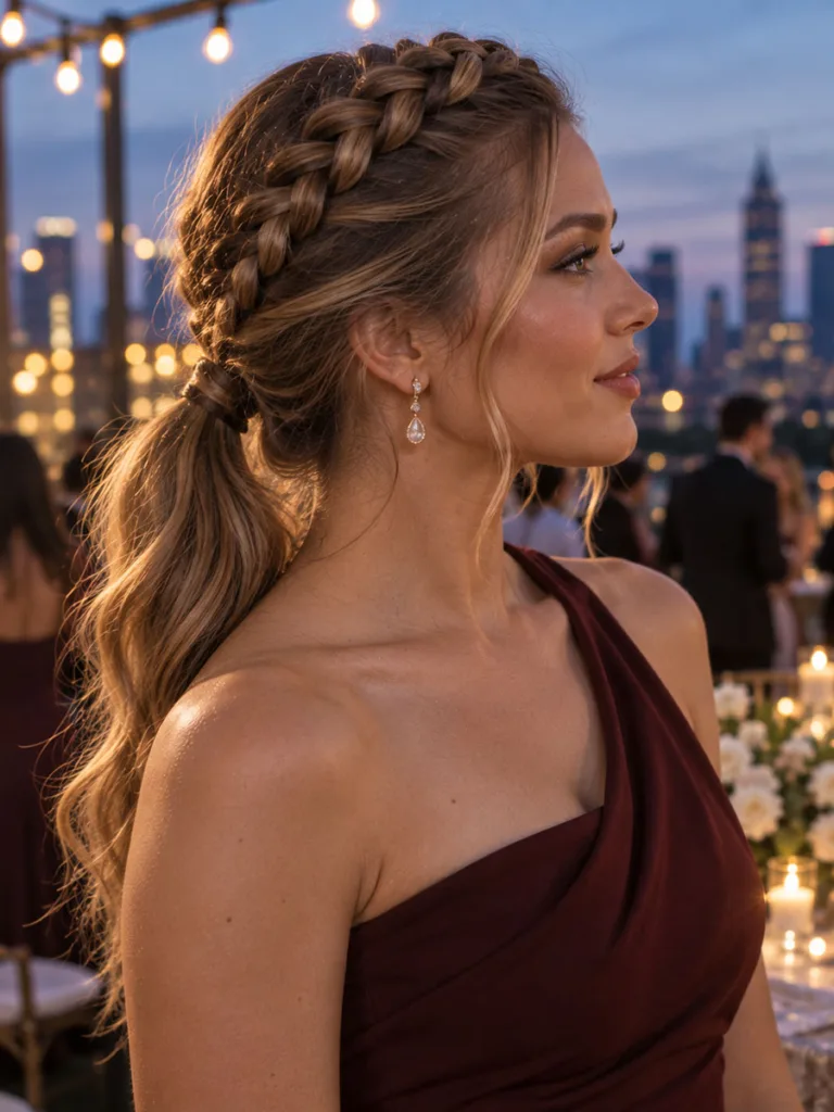 Bridesmaid with a Dutch braid ponytail against a city skyline at dusk