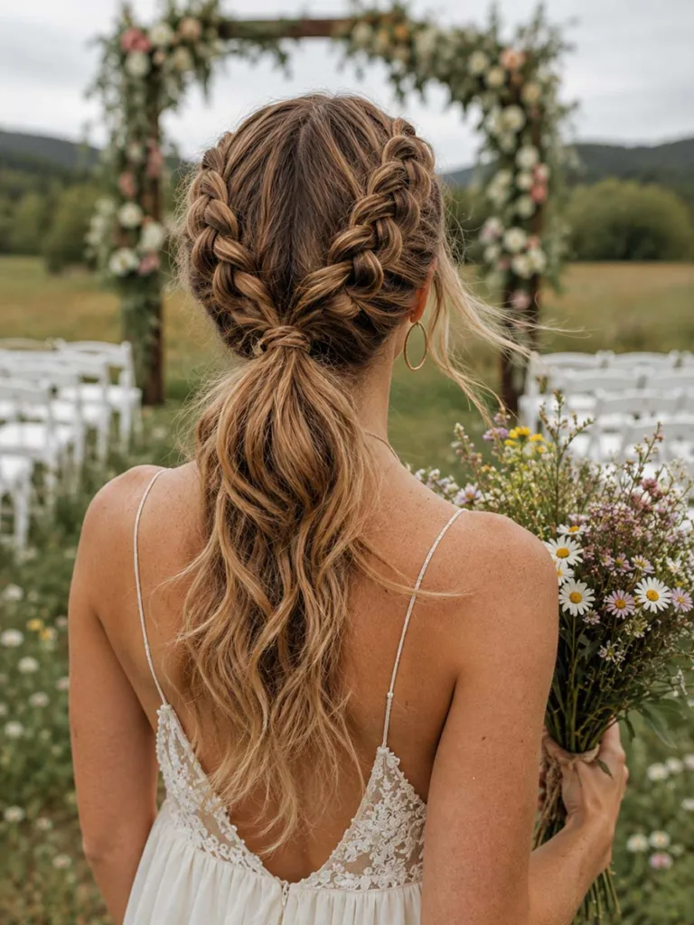 Two Dutch braids flowing into a low ponytail for a boho outdoor wedding