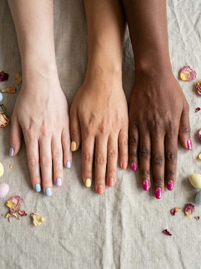 Three hand skin tones with matching pastel easter nail color pairings