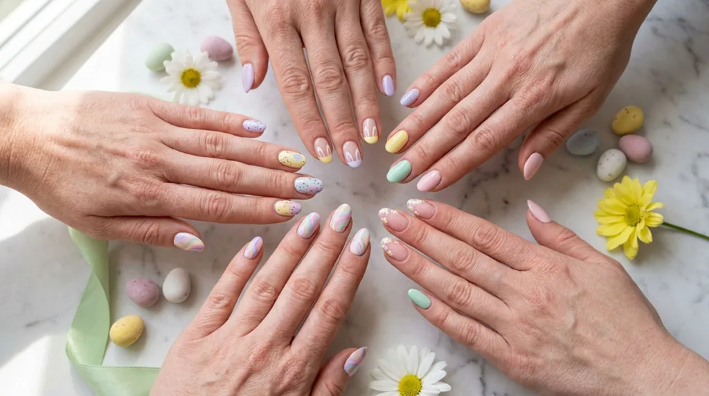 Flat lay of five easter nail designs including speckled eggs and bunny French tips on marble