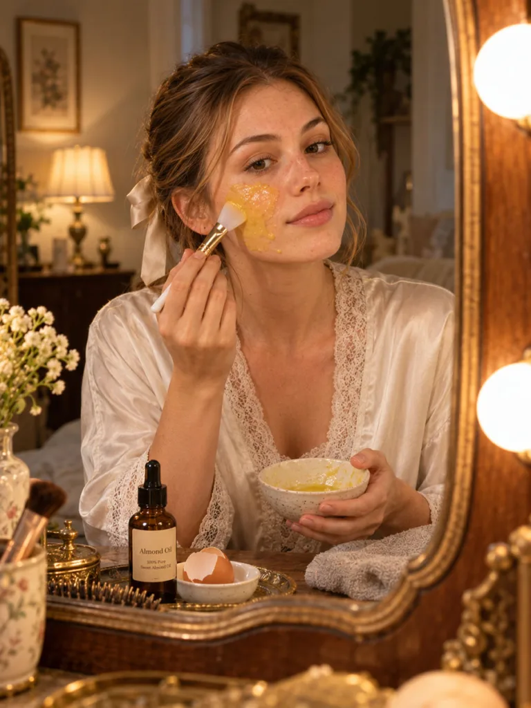 Woman applying an egg yolk and almond oil mask for mature, dry skin