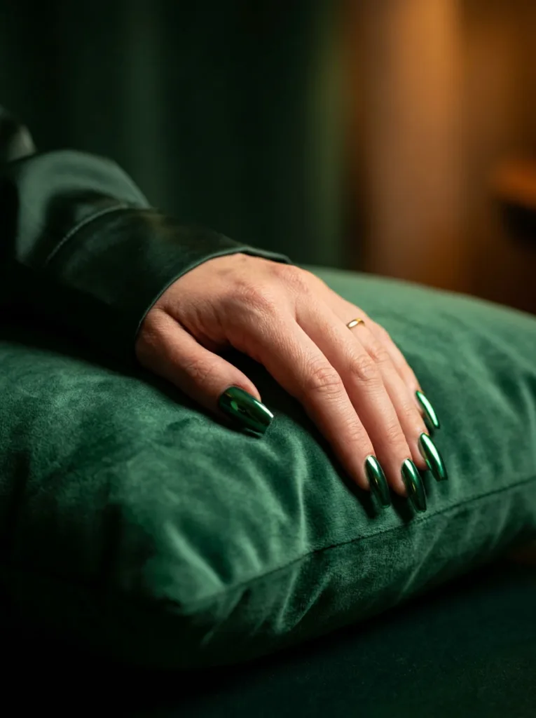 Fair-skinned hand with deep emerald chrome nails resting on emerald green velvet fabric