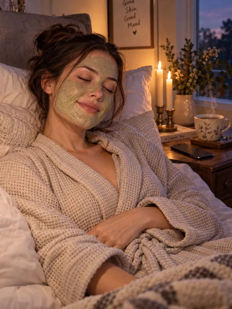 Woman relaxing with a face mask on during an evening self-care ritual