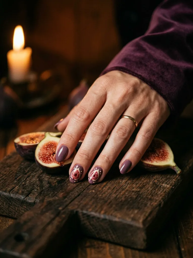 Fig halves fruit nail design on a hand resting near fresh cut figs