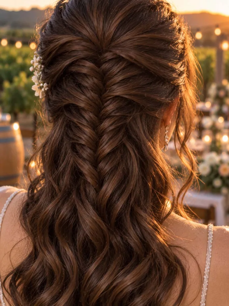 Fishtail braid half up hairstyle detail for brunette wedding hair