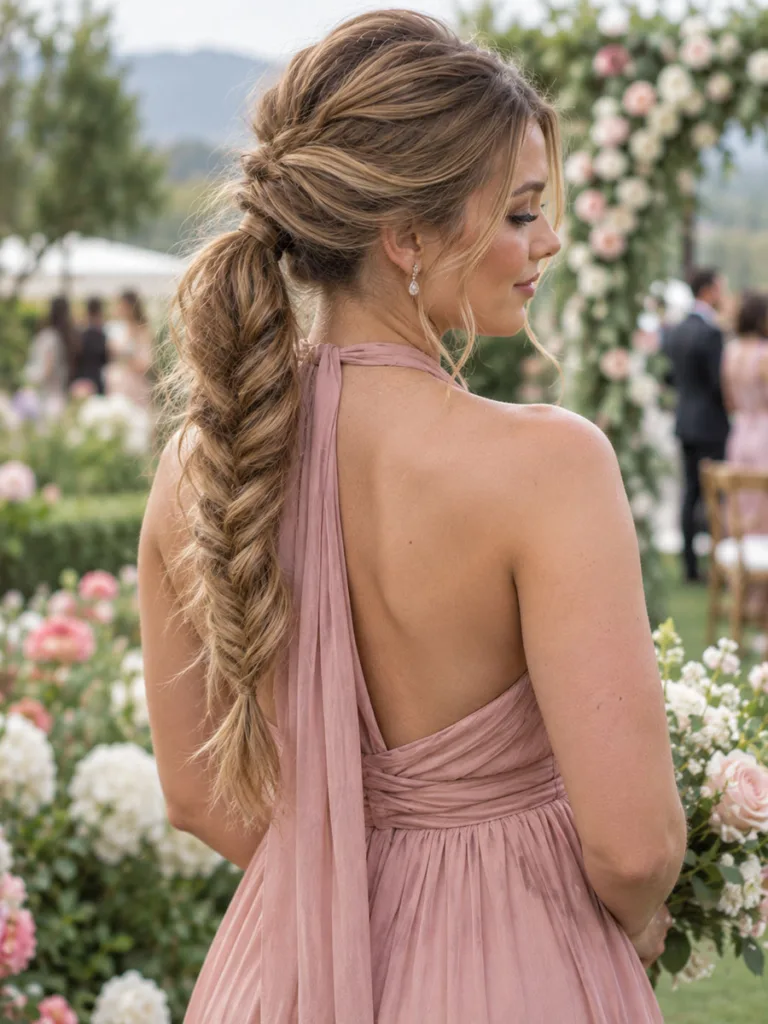 Bridesmaid with a fishtail braided ponytail surrounded by garden flowers